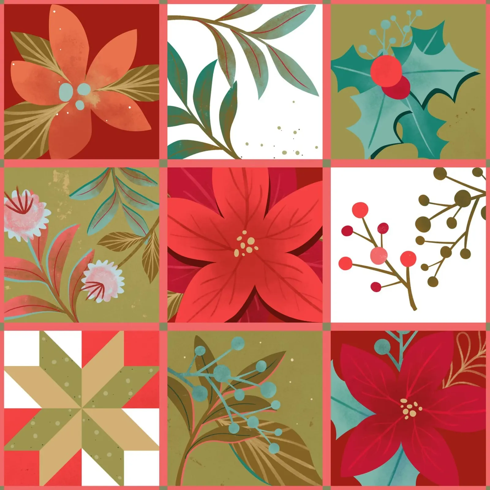 Patchwork Christmas Quilt with Christmas Star Flowers toile de klossisch