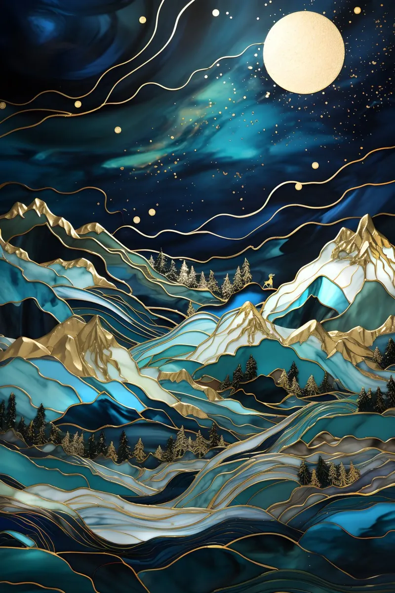 Starry Night Moonlit Peaks poster con telaio in plastica da Pixaverse