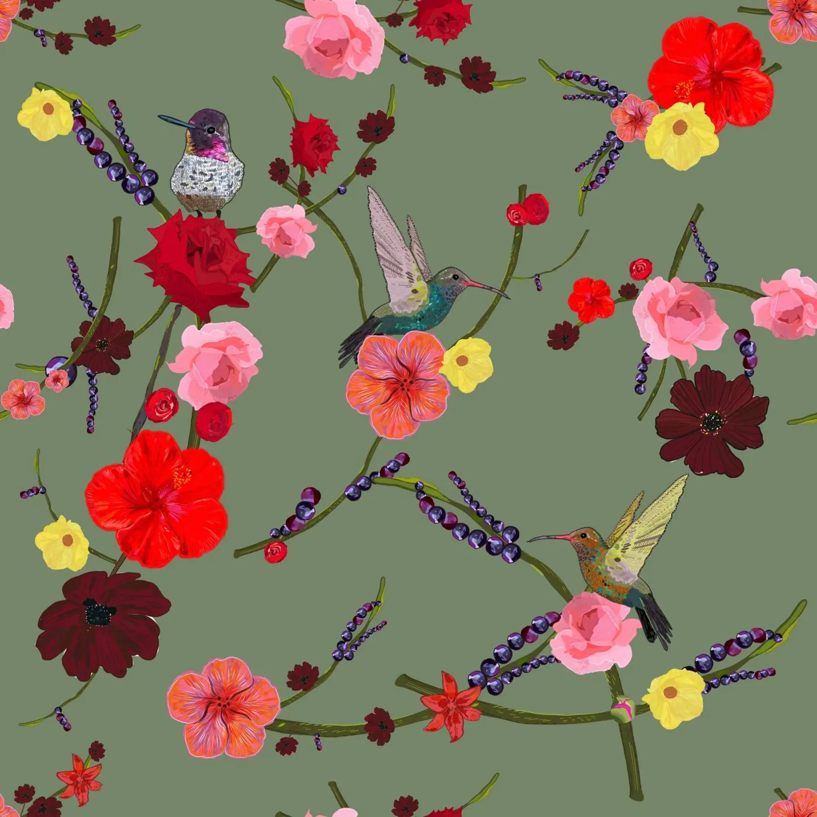 Birds With Hibiscus and Roses Pattern canvas by gulsengunel
