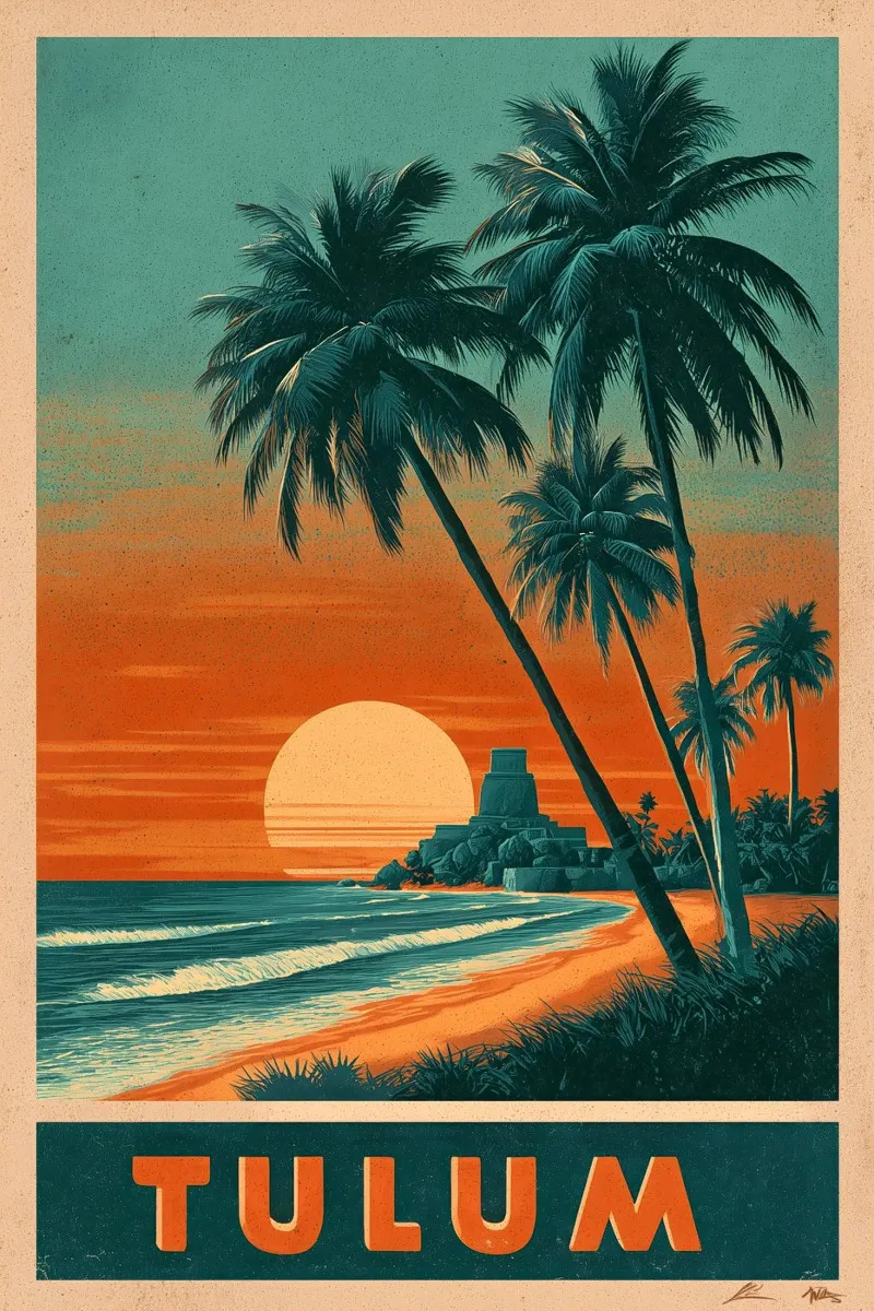 Poster di viaggio vintage di Tulum Messico poster con telaio in alluminio da Vintage Travel Art