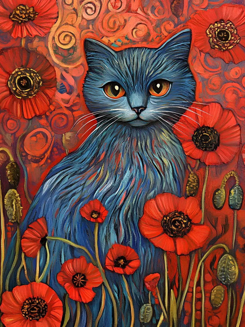 Blaue Katze und roter Mohn Leinwand mit Schattenfugenrahmen von Art-Nouveau-Dsg