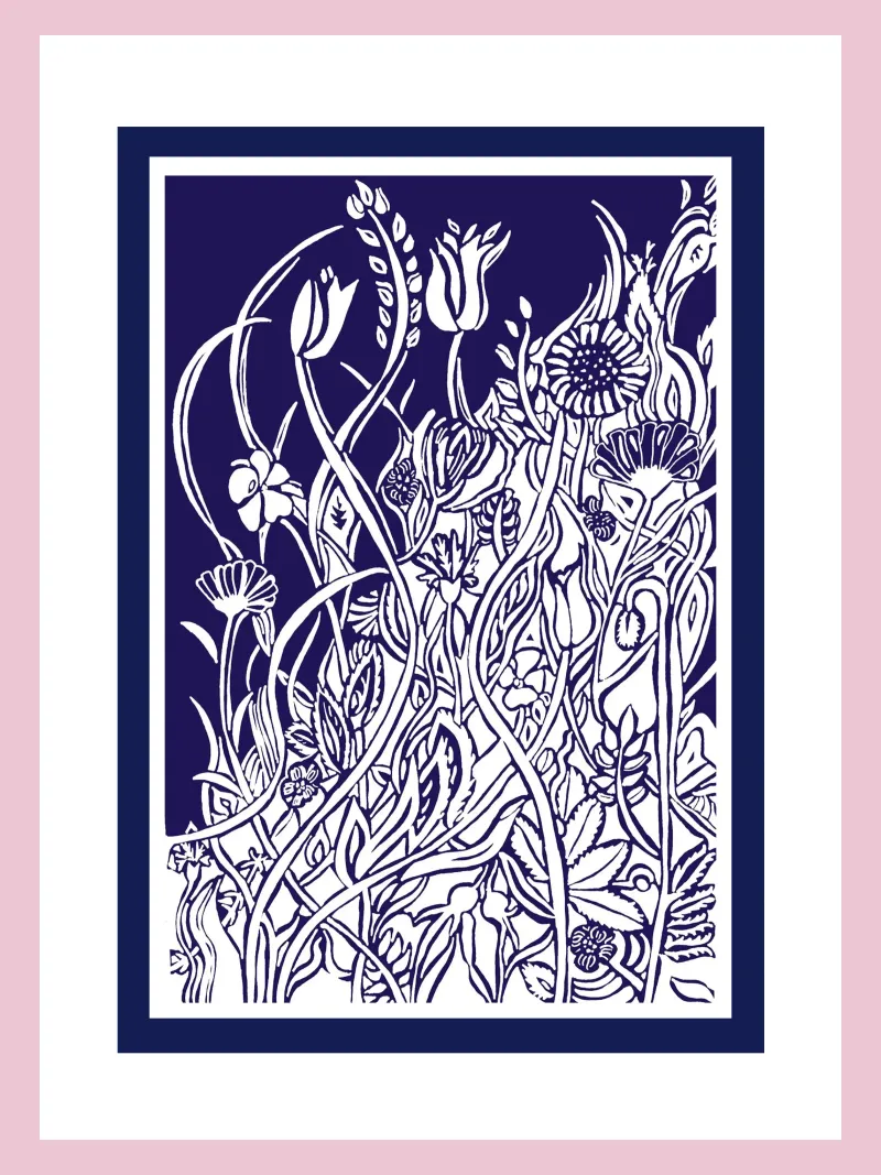 Fine estate - silhouette bianca su sfondo blu poster con telaio in legno da PaperLine Art