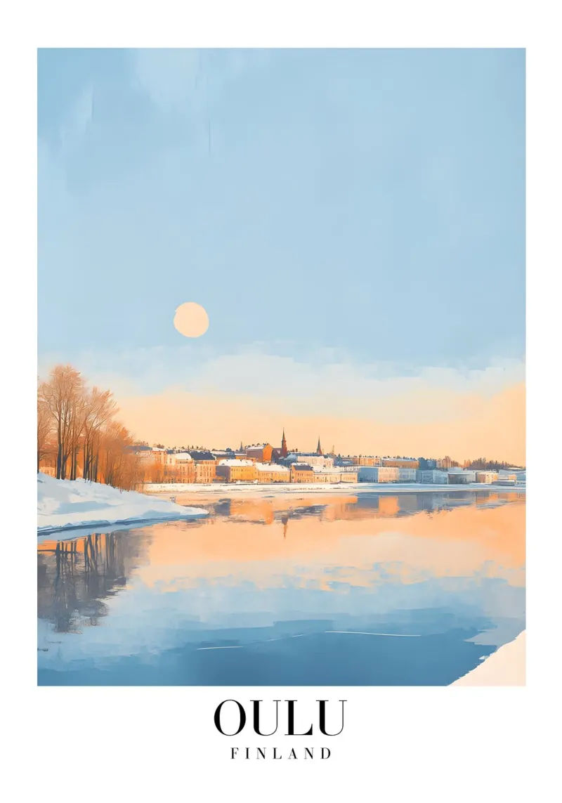 Oulu Finland Zonsondergang rivier Art Print - Nordic Winter canvas met Baklijst van homdeco