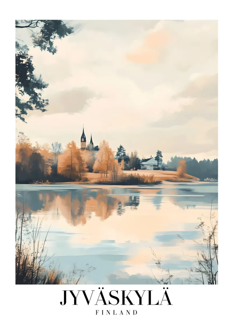 Jyväskylä Finland Meerzicht Kunstdruk - Herfstsereniteit canvas met Baklijst van homdeco