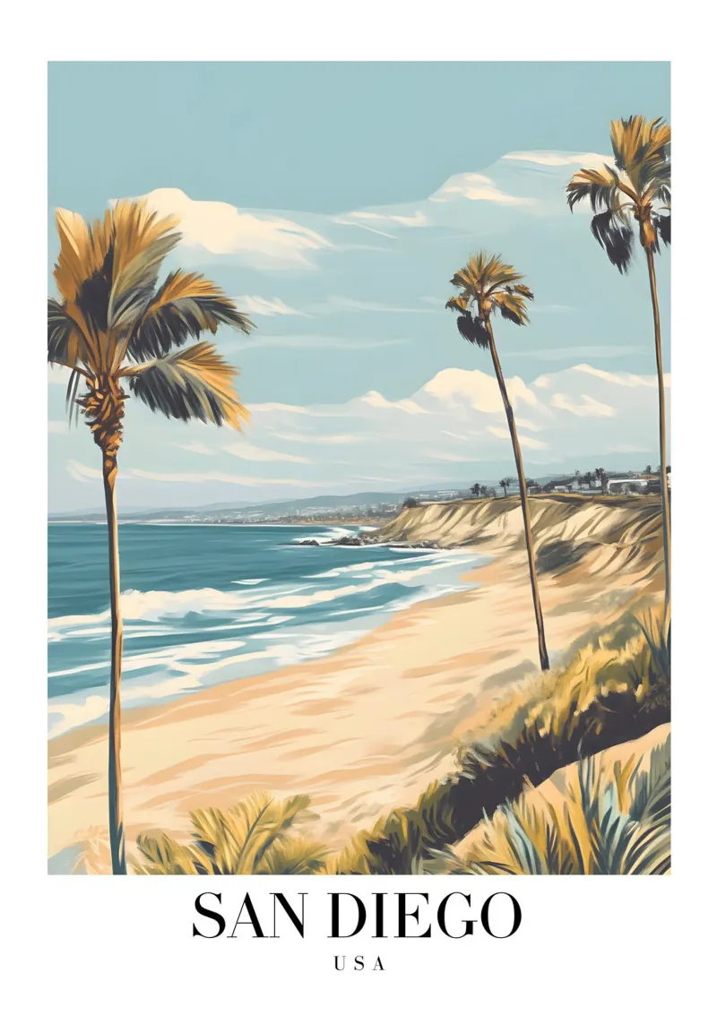 Stampa d'arte sulla spiaggia di San Diego - Costa e palme della California poster con telaio in legno da homdeco