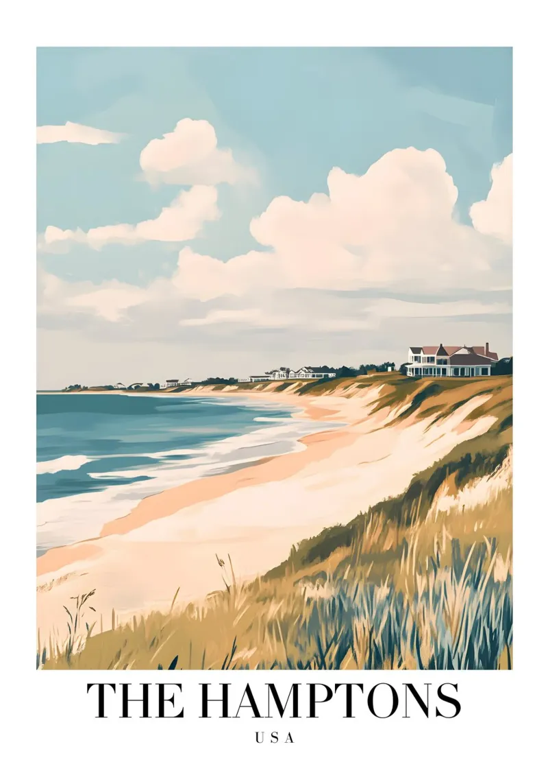 Hamptons Beach Art Print - Vida costera de lujo lienzo con Marco flotante de homdeco