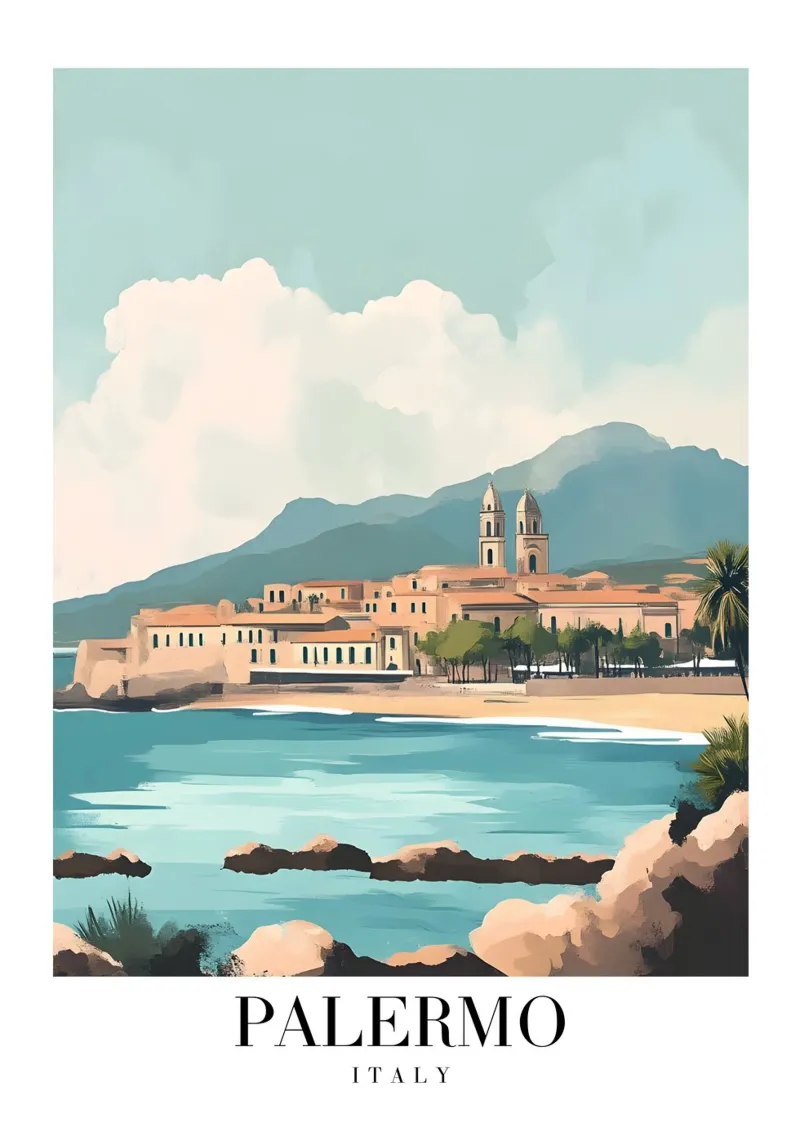 Palermo Sicily Coastal Art Print - Mediterranean Charm canvas with Floater frame by homdeco