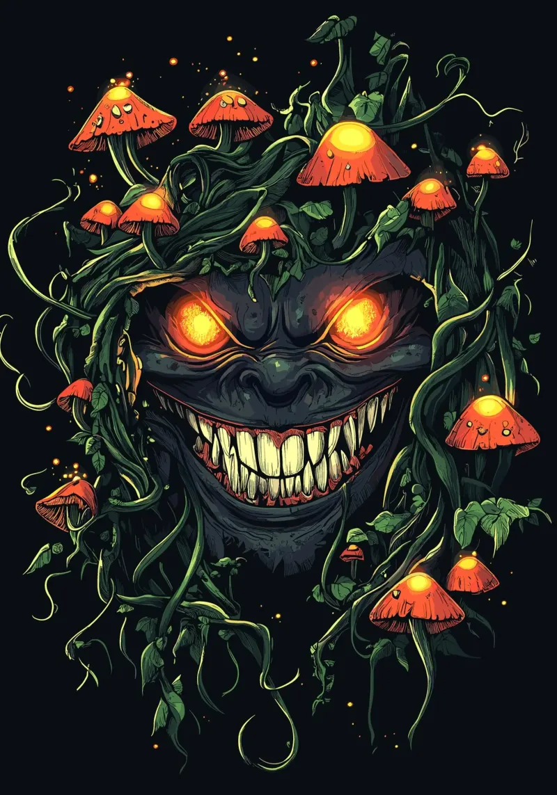 Sorriso demoniaco nella giungla dei funghi pellicola backlit da pixelbull - medieval art and more
