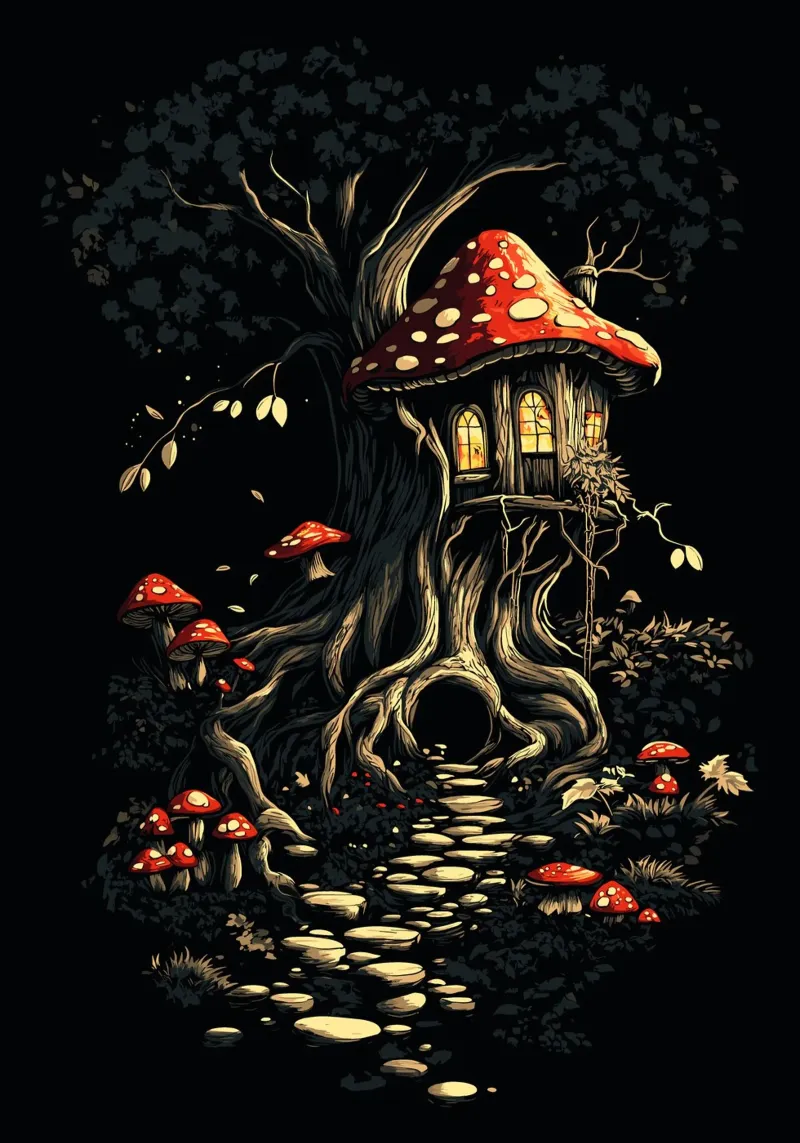 La casa dei funghi nell'albero magico carta hahnemühle da pixelbull - medieval art and more