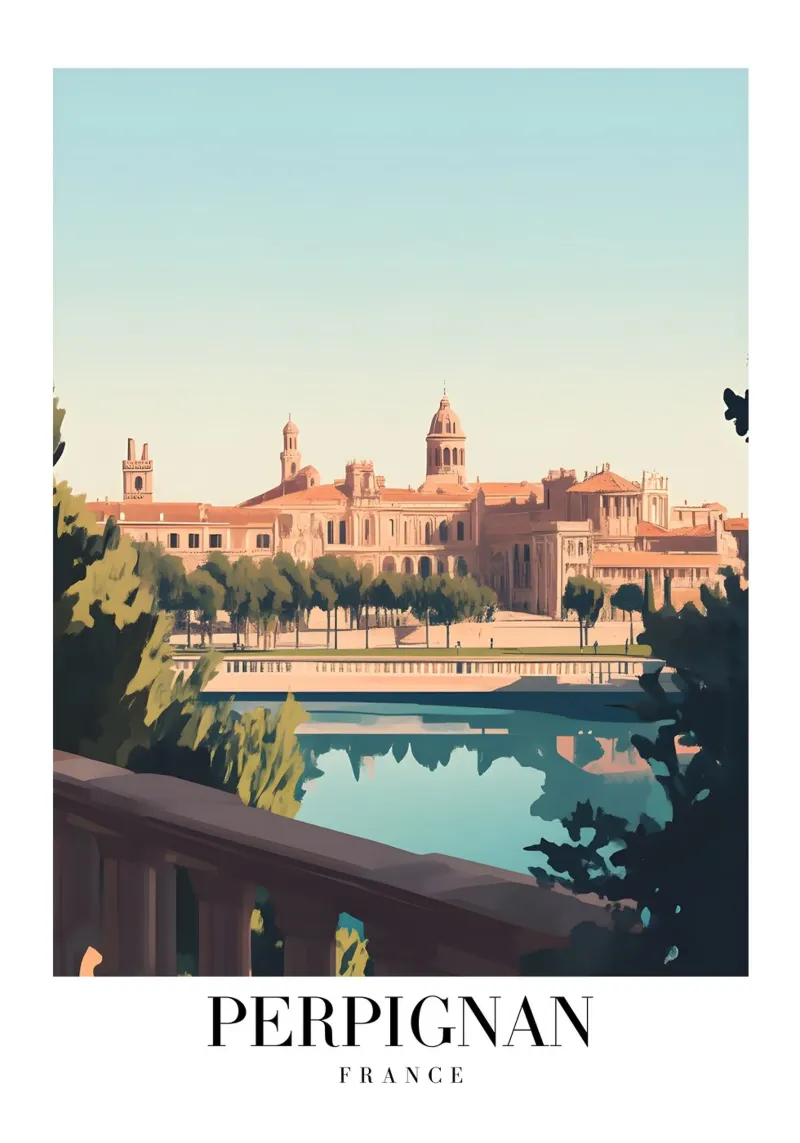 Perpignan stadsgezicht kunstdruk - Franse Catalaanse charme canvas met Baklijst van homdeco