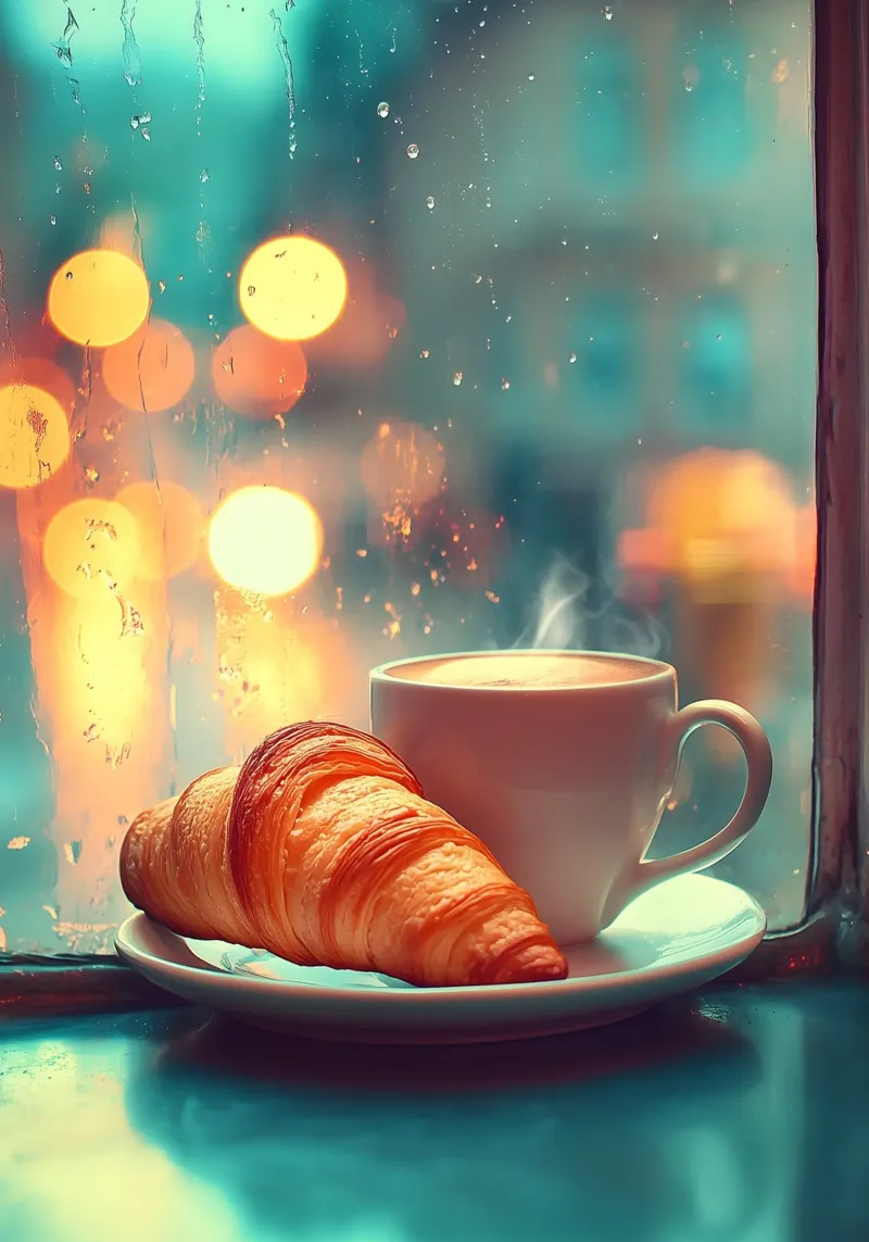 Croissant e caffè sotto la pioggia pellicola backlit da pixelbull - medieval art and more