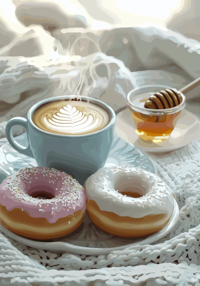 Mattinata dolce con ciambelle e cappuccino alluminio dibond da pixelbull - medieval art and more