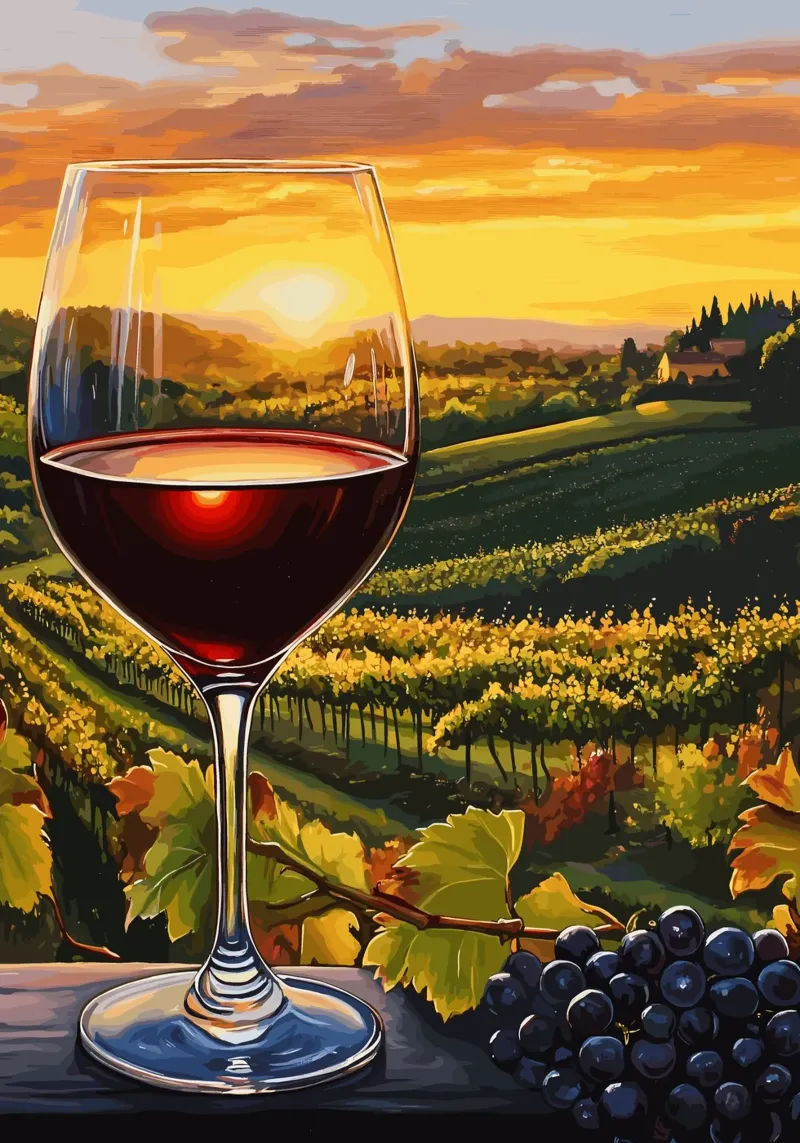 Red wine at sunset in the vines hahnemühle by pixelbull - medieval art and more