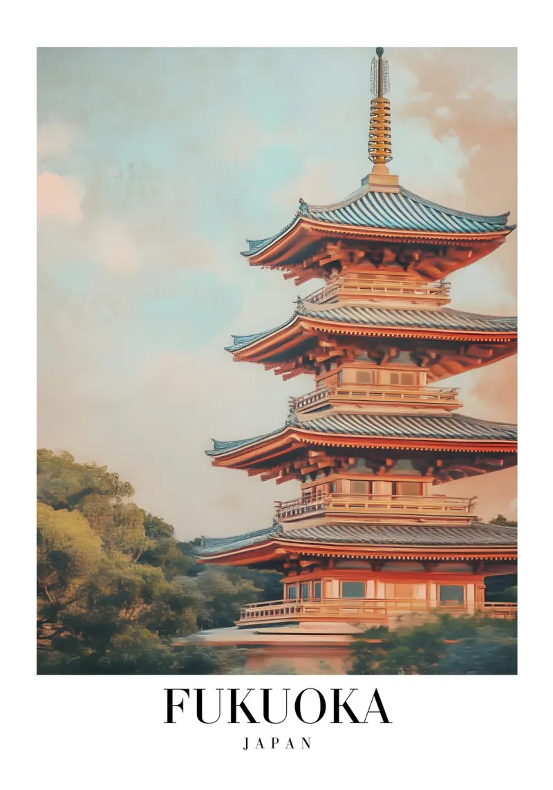 Pagoda di Fukuoka Stampa d'arte - Tempio giapponese e natura poster con telaio in plastica da homdeco