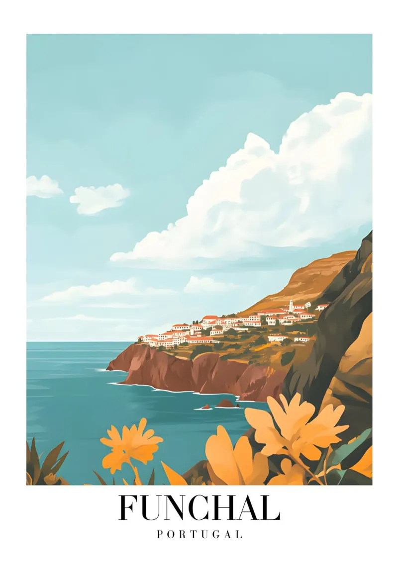 Funchal Madeira Kunstdruk - Kuststad & Kliffen canvas met Baklijst van homdeco