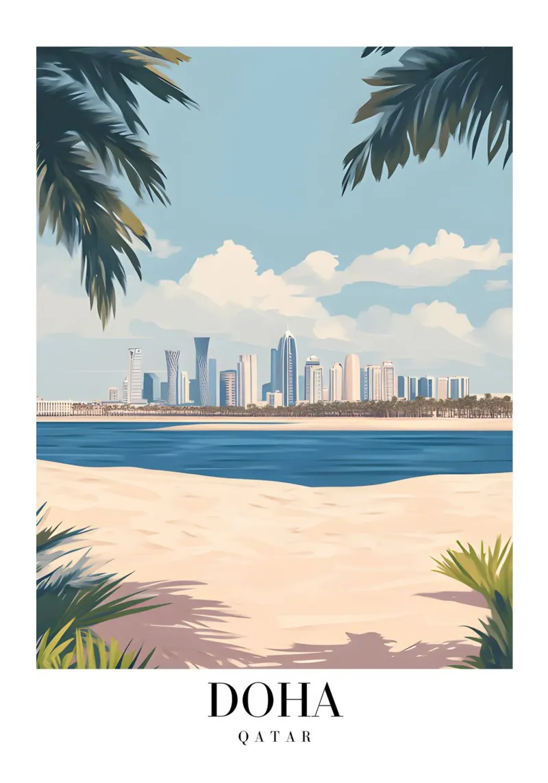 Stampa d'arte Doha Skyline - Spiaggia e palme del Qatar tela con Cornice a cassetta da homdeco