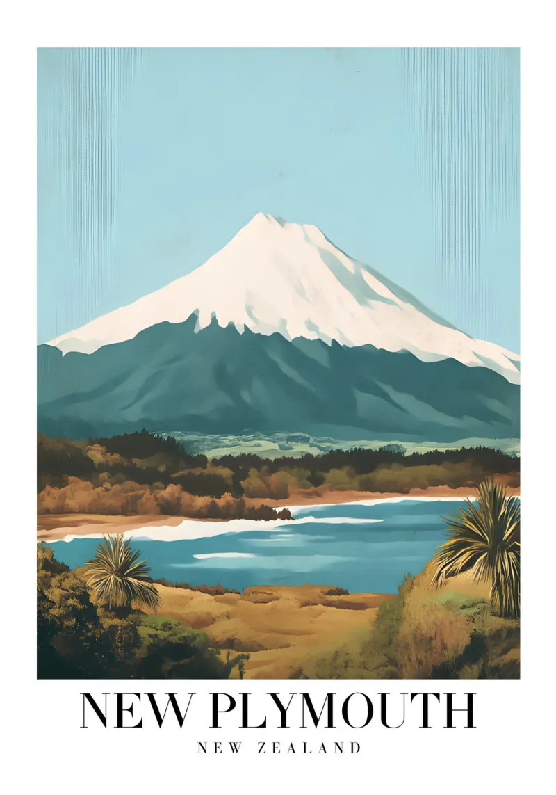 Impression d'art New Plymouth Mt. Taranaki - Vue côtière de la Nouvelle-Zélande poster avec cadre en aluminium de homdeco