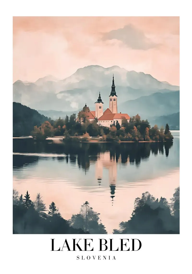 Insel Bled See Kirche Kunstdruck - Slowenien Ansicht Leinwand mit Schattenfugenrahmen von homdeco