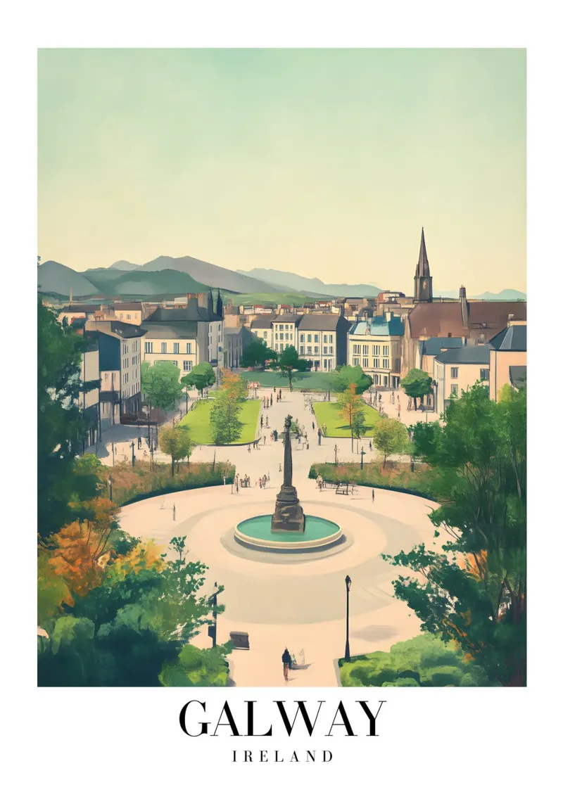 Galway Stadsgezicht Kunstdruk - Ierland Historisch Plein canvas met Baklijst van homdeco
