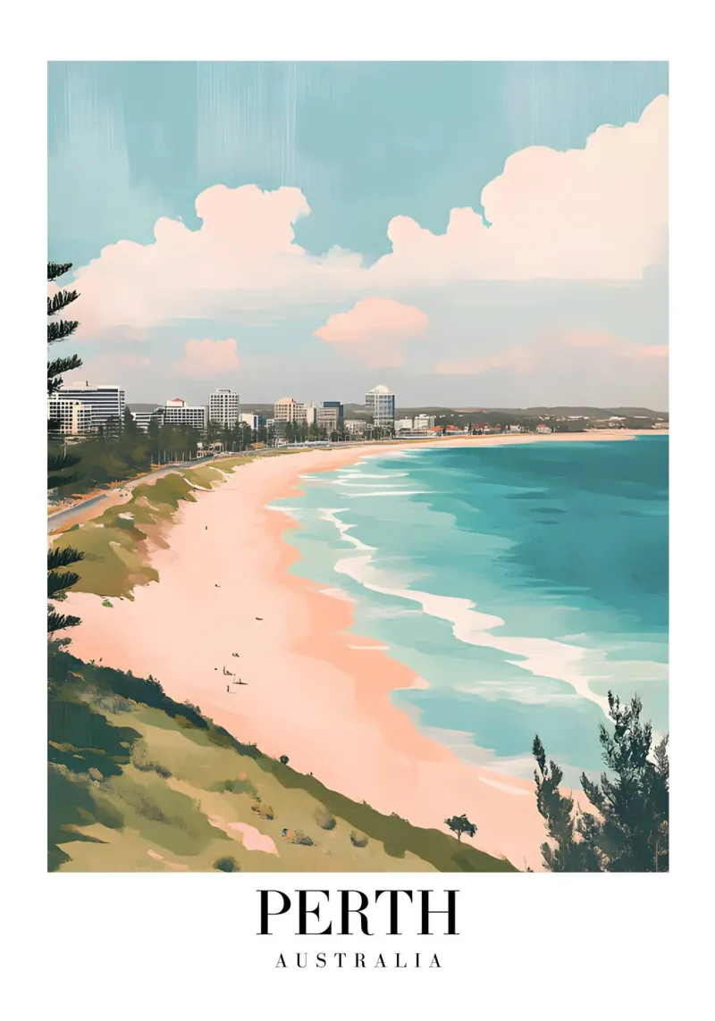 Perth Strand Kunstdruk - Australische Kuststad poster met kunststof frame van homdeco