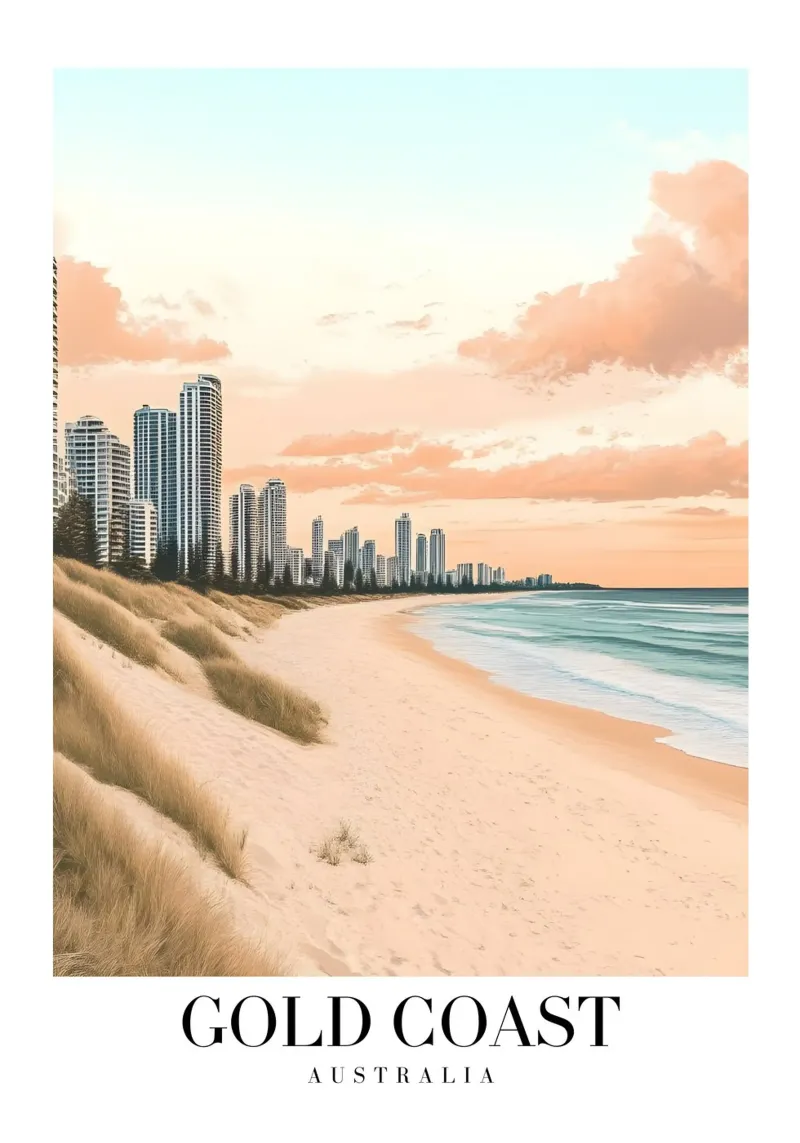 Impresión artística de la playa de Gold Coast - Australian Skyline lienzo con Marco flotante de homdeco