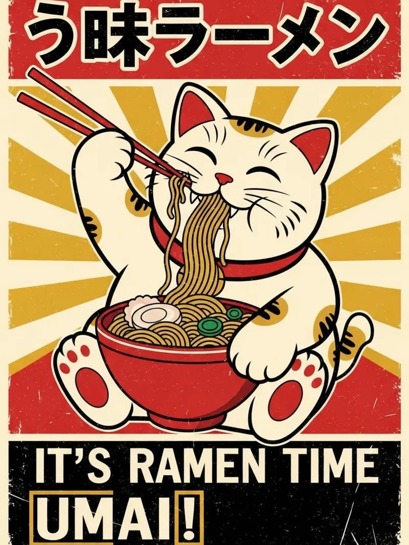 UMAI RAMEN CAT JAPANESE POSTER hahnemühle by Sentinal