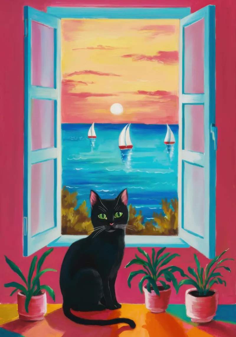 Cat Window on the Sea hahnemühle by Flock Reverie