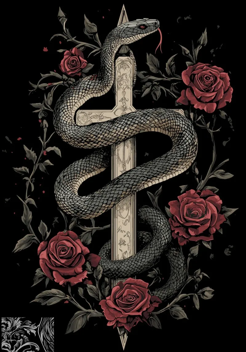 Gothic snake around cross with roses canvas with Floater frame by pixelbull - medieval art and more