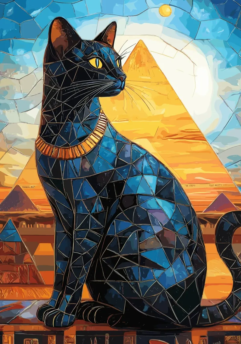 Dea gatto egiziana in stile mosaico poster con telaio in plastica da pixelbull - medieval art and more