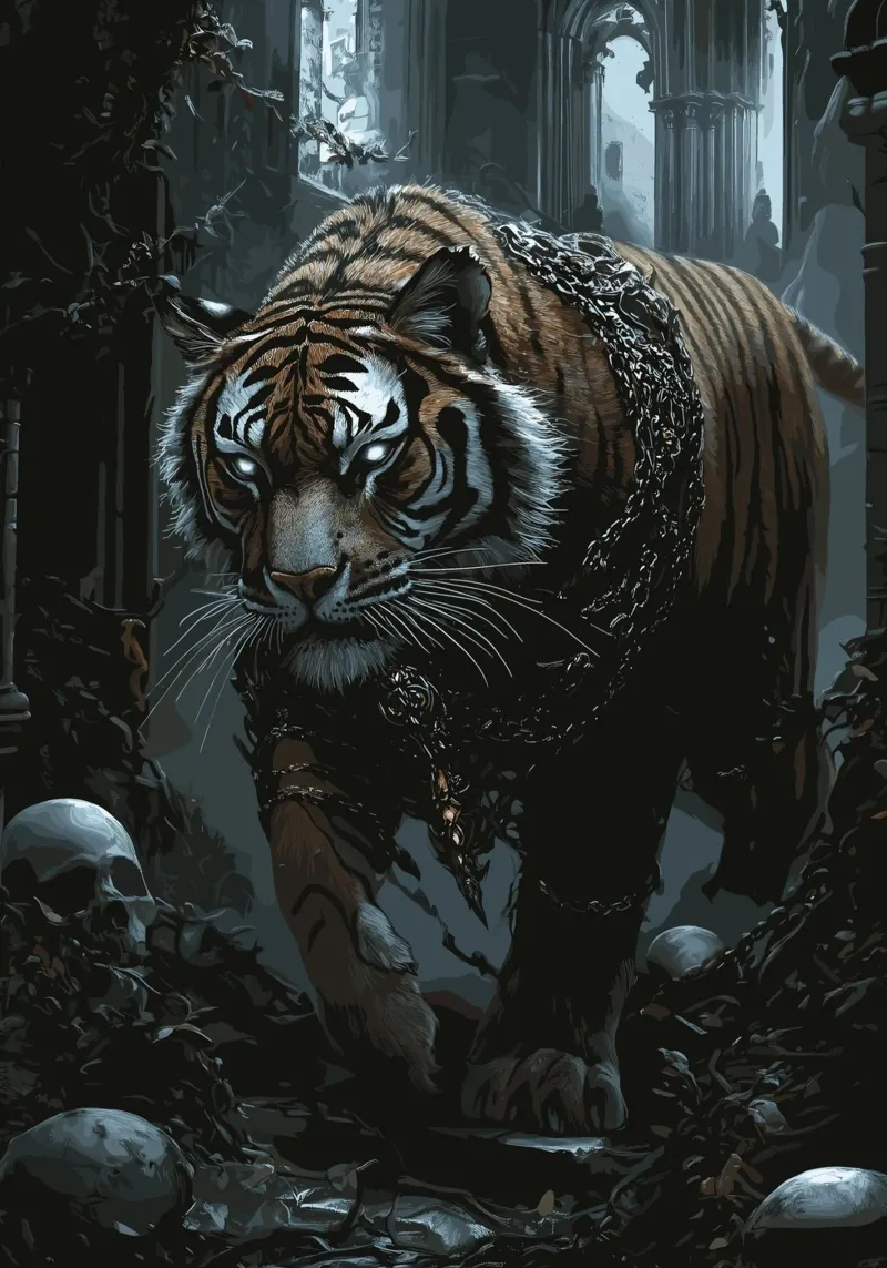 Tigre in una rovina buia con catene pellicola backlit da pixelbull - medieval art and more