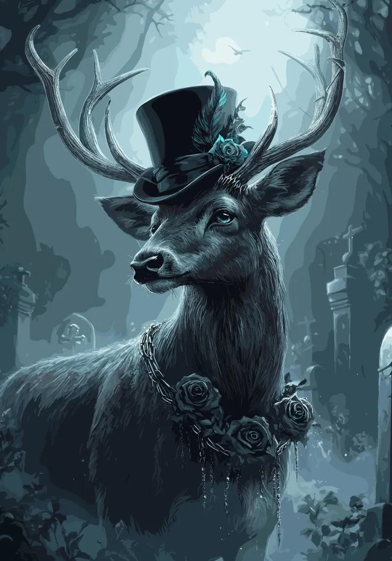 Cerf élégant avec haut-de-forme dans la forêt de brouillard poster de pixelbull - medieval art and more