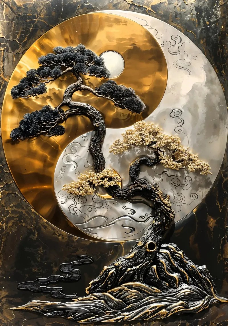 Golden Bonsai Balance poster met aluminium frame van Pixaverse