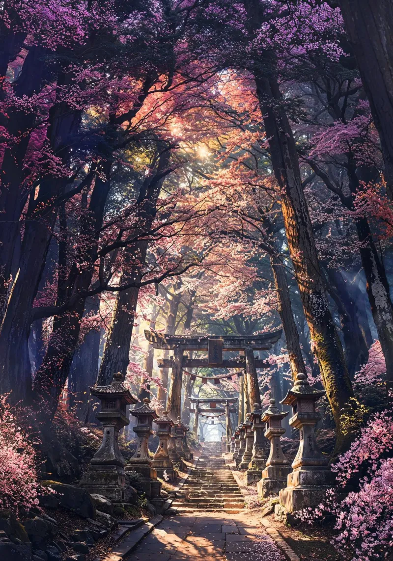 Sacred Sakura Shrine Path pellicola backlit da Pixaverse