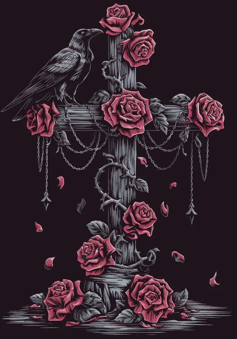 Raven with roses and gothic cross canvas with Floater frame by pixelbull - medieval art and more