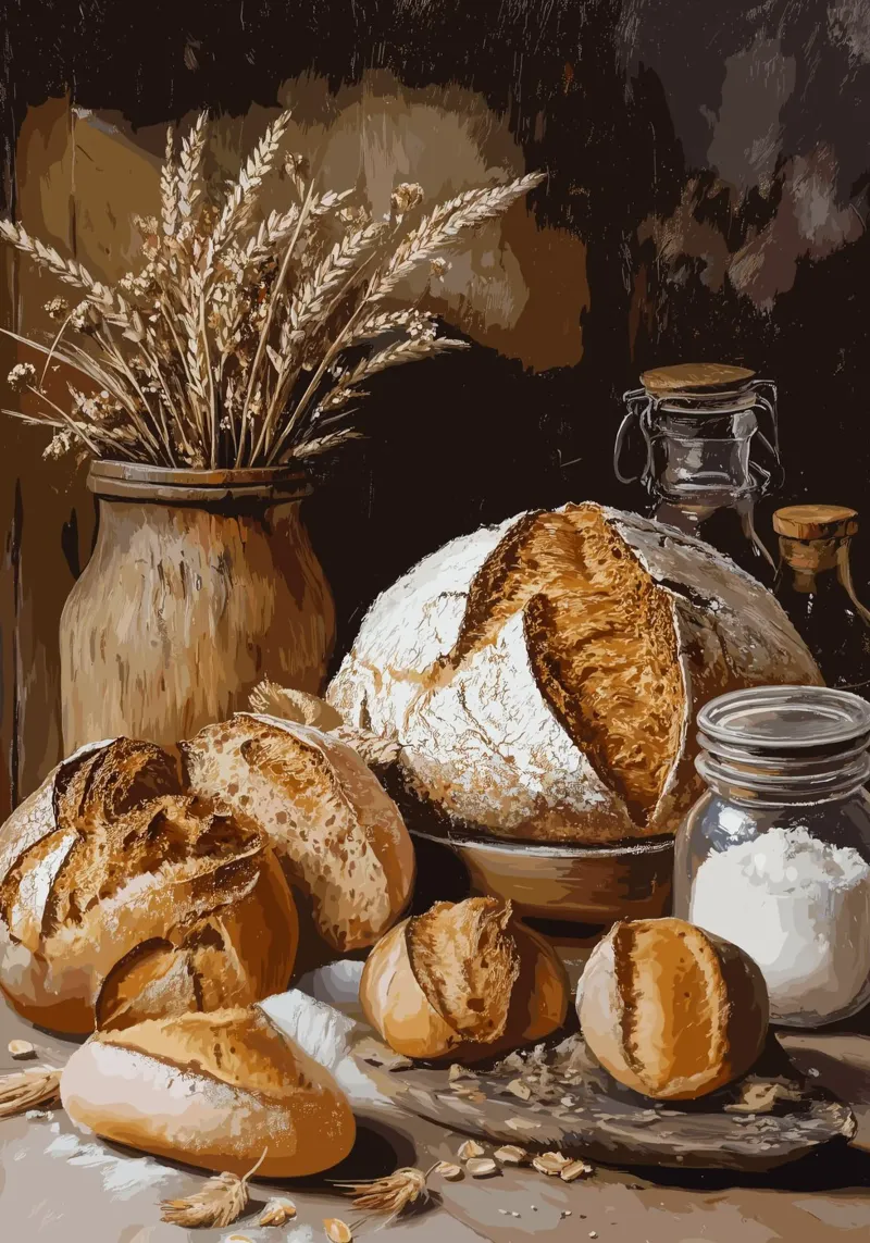 Rustic still life with bread and grain hahnemühle by pixelbull - medieval art and more