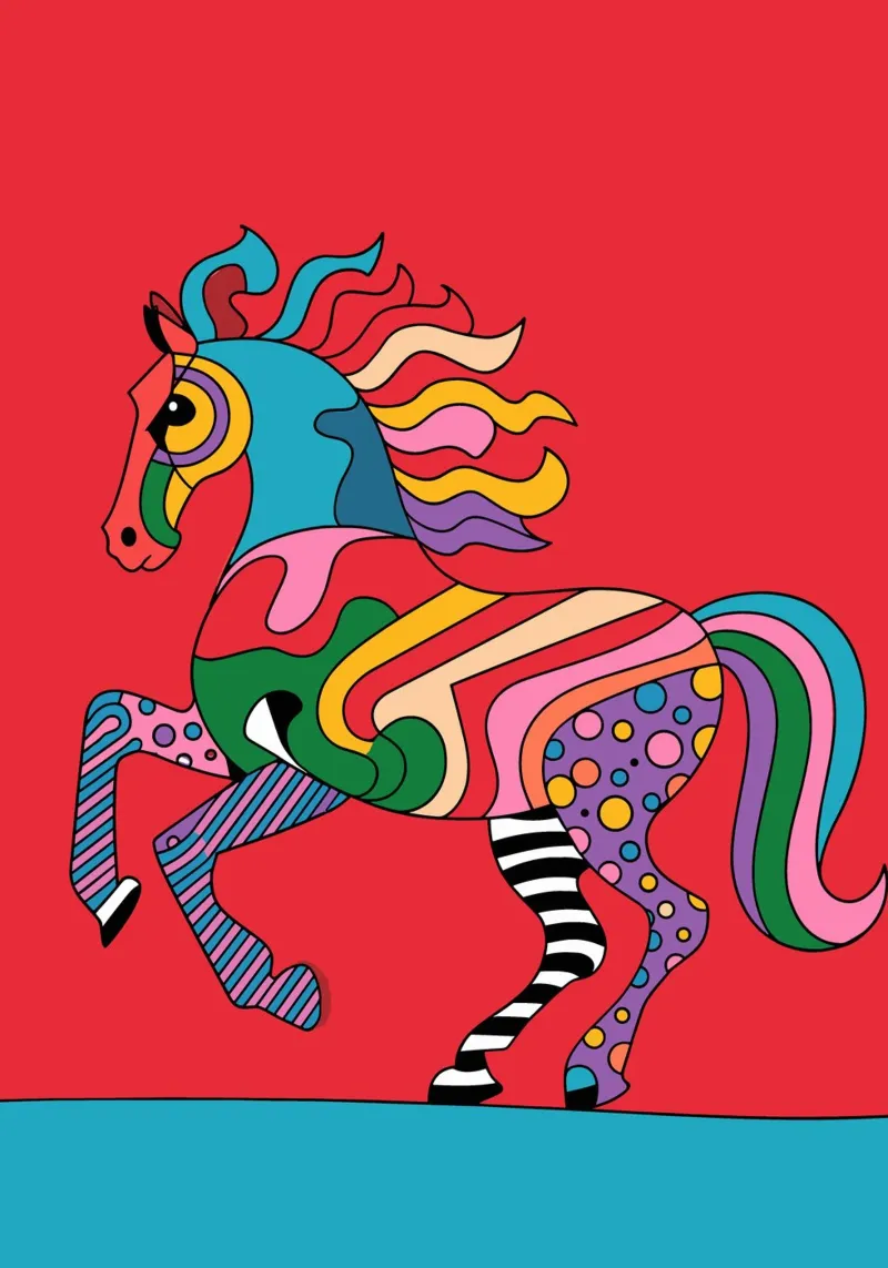 Abstract, colourful horse on a red background canvas with Floater frame by pixelbull - medieval art and more