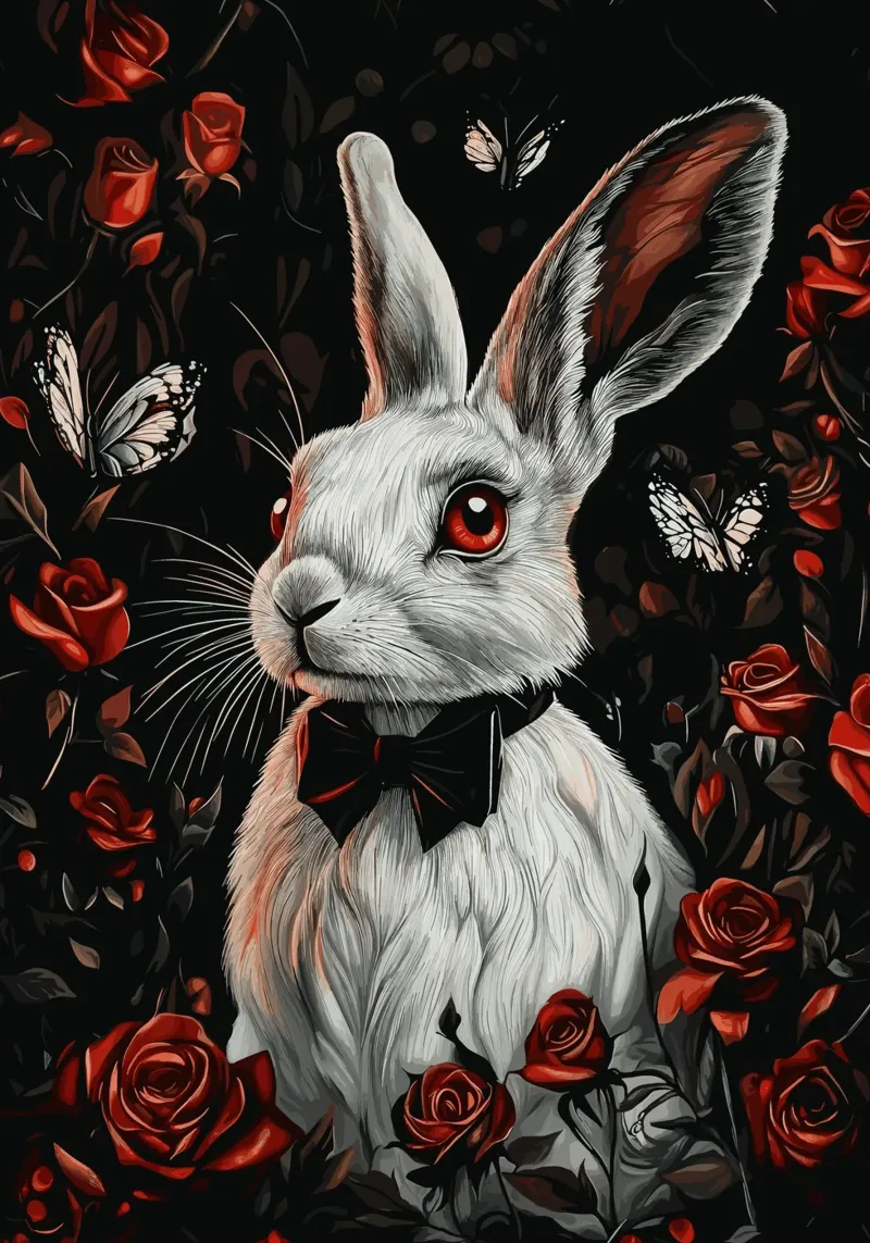 Coniglio bianco con occhi rossi in un mare di rose plexiglass da pixelbull - medieval art and more