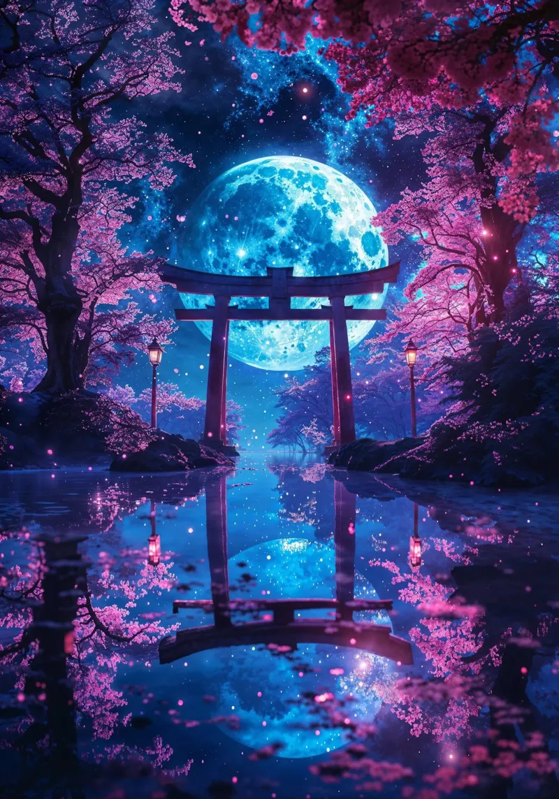 Enchanted Moonlit Torii alluminio dibond da Pixaverse