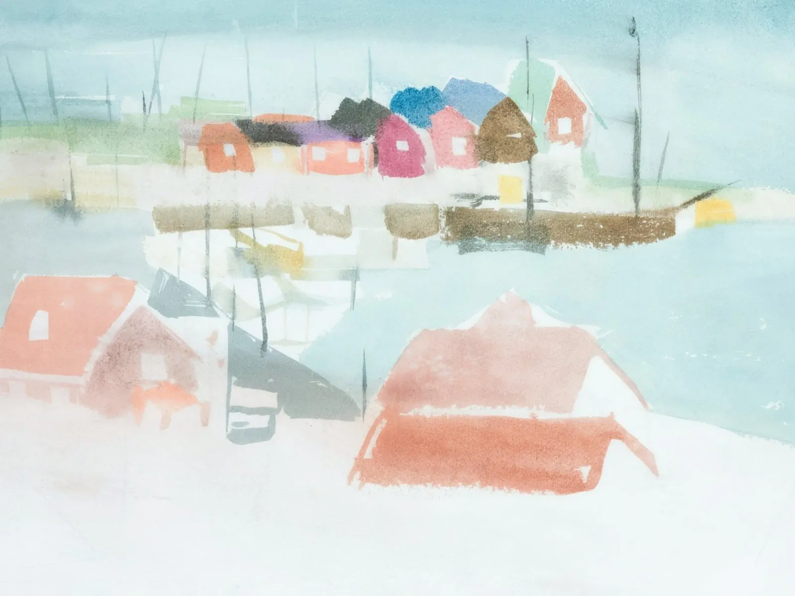 fishing village waterfront poster with aluminum frame by Histrol