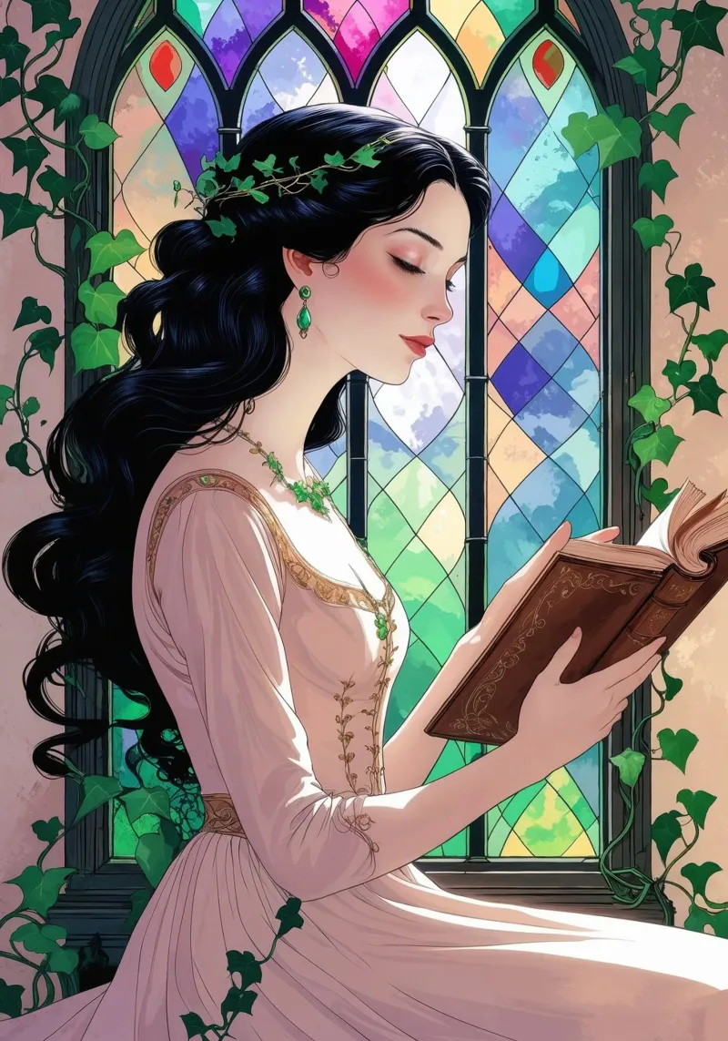 Lady reading at the glass window canvas with Floater frame by pixelbull - medieval art and more