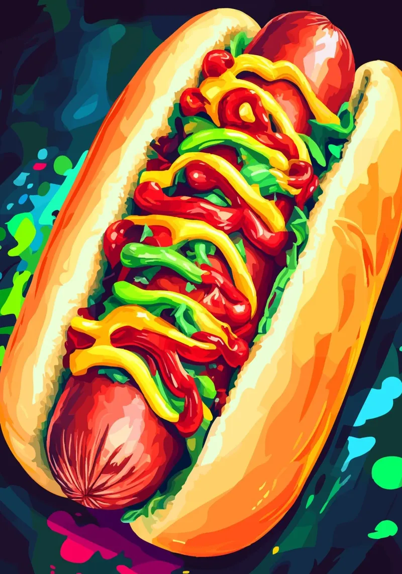 Hot dog colorati con un'esplosione di salsa pellicola backlit da pixelbull - medieval art and more