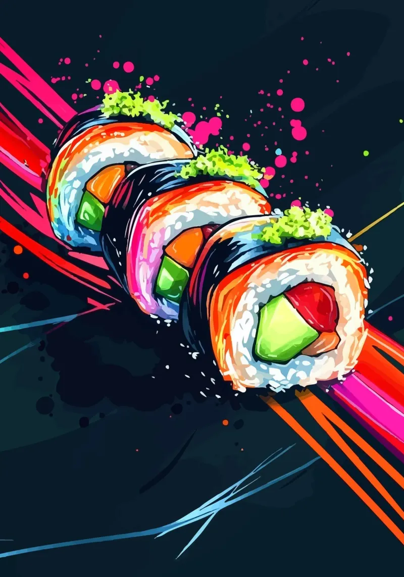 Rotoli di sushi dinamici con colori al neon pellicola backlit da pixelbull - medieval art and more