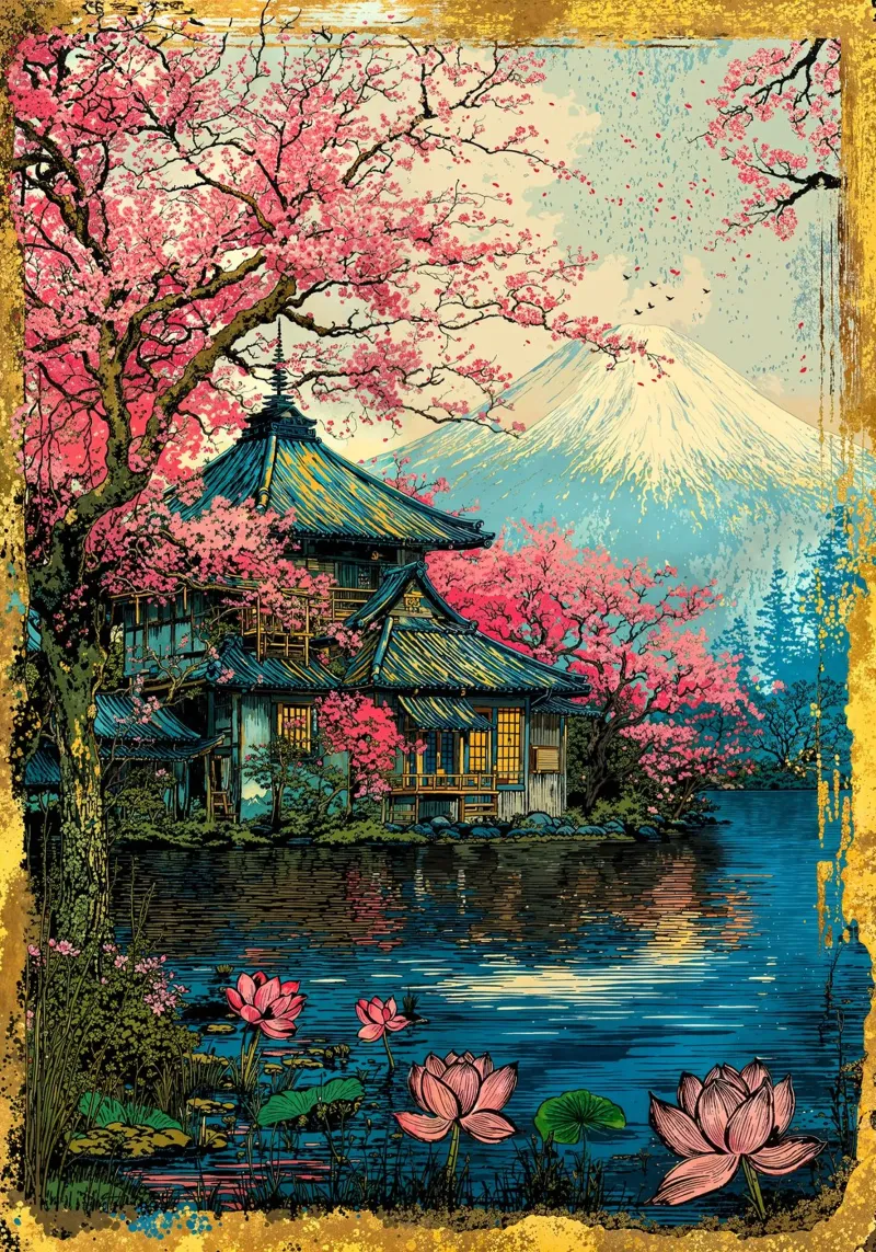 Fuji’s Sacred Bloom Retro Art pellicola backlit da Pixaverse
