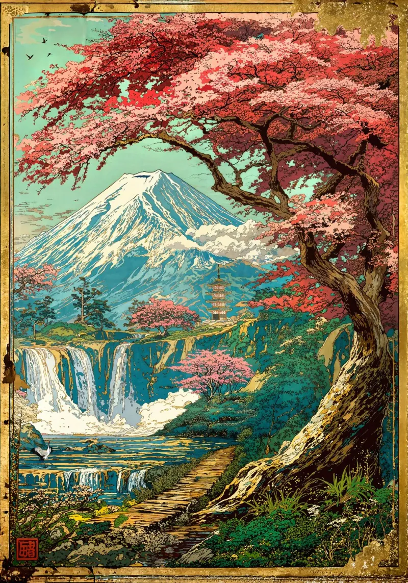 Horizon of the Fuji Sakura Shrine carta hahnemühle da Pixaverse