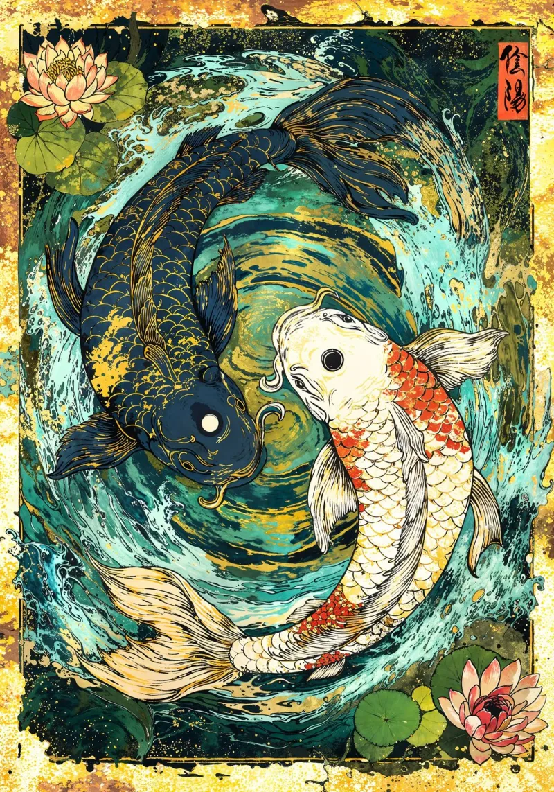 Koi Fish Yin Yang Harmony Art pellicola backlit da Pixaverse