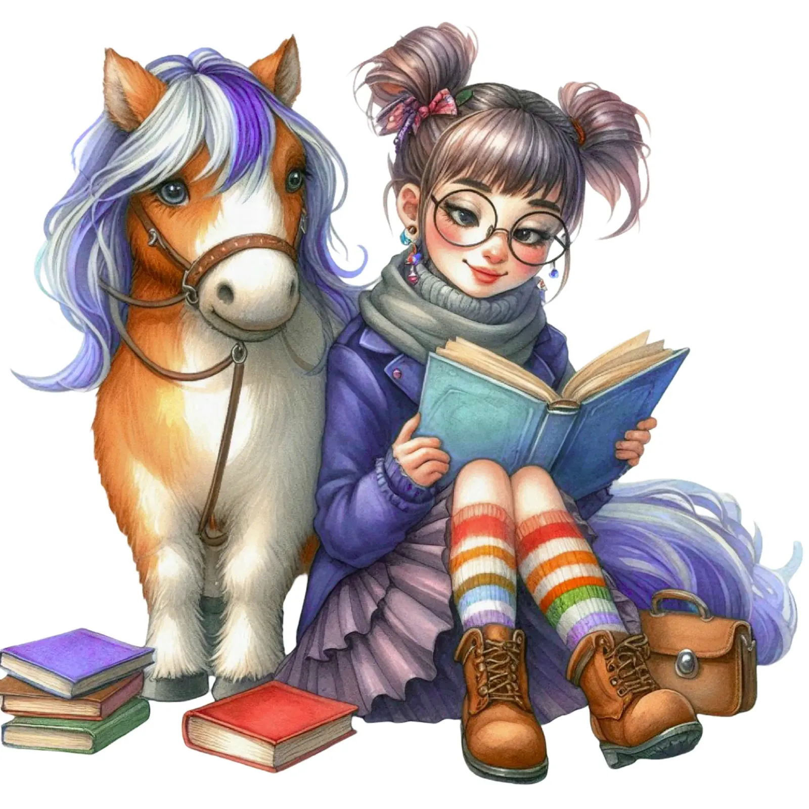Ragazza eccentrica con il suo pony e i suoi libri alluminio dibond da Whiskers & Ink Kreations