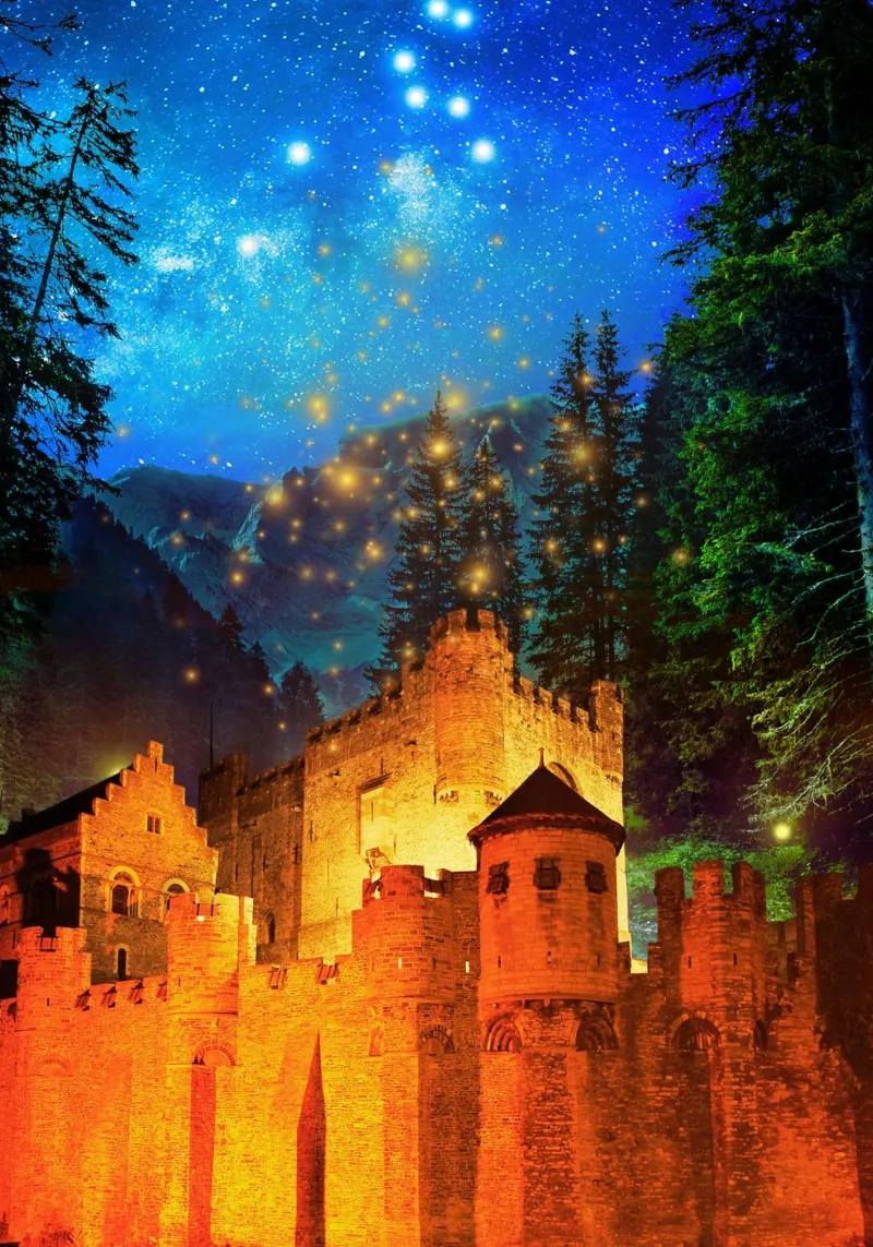Castello notturno sotto il cielo stellato tela con Cornice a cassetta da Berwies Artwork