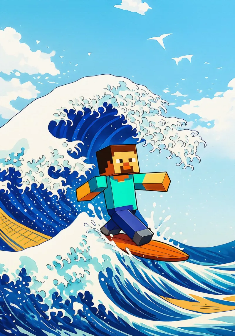 Minecraft Steve On Japan Wave carta hahnemühle da FreeArtStudio