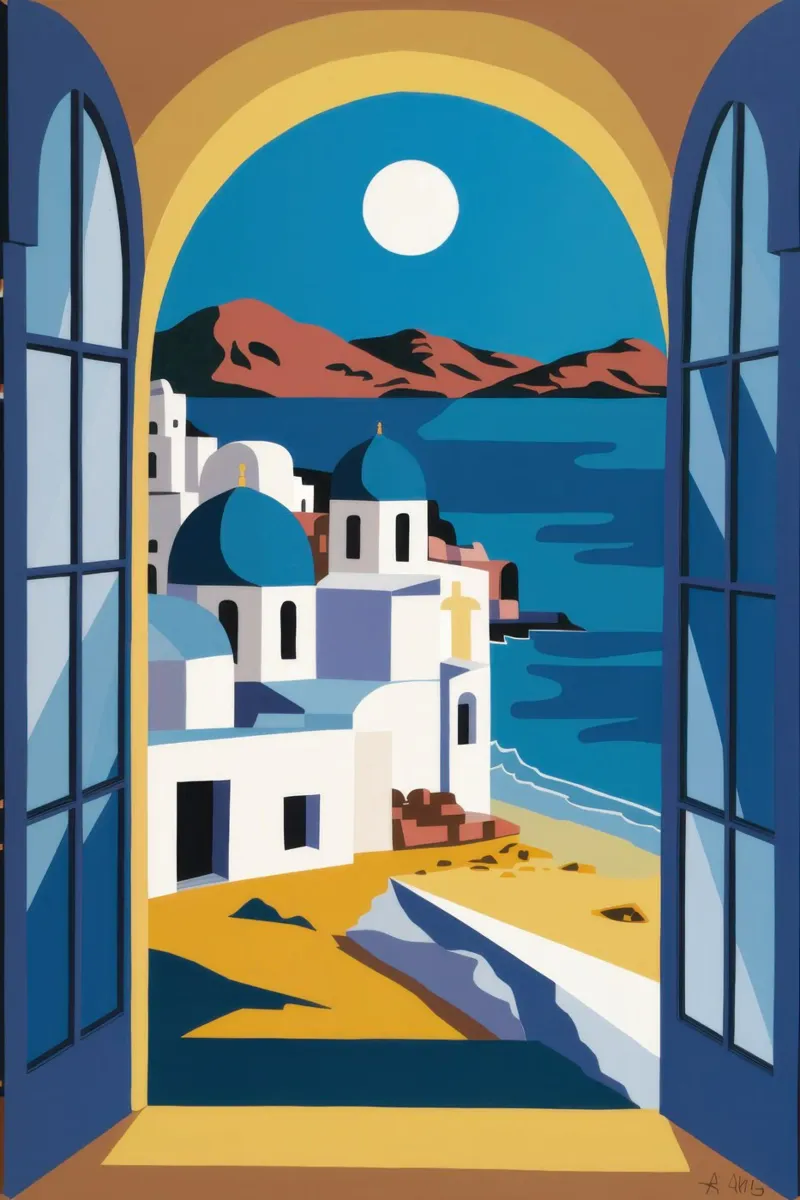 Azurblauer Bogen Santorin Poster mit Kunststoffrahmen von Dream Gesso