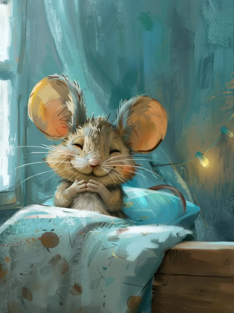Souris heureuse se reposant dans un lit avec une couverture chaude dans une chambre confortable hahnemühle de DesignDoodle